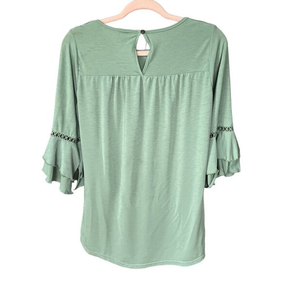 Lildy Womens Crochet Flare Sleeve Tunic Sz S/M Green Festival Bohemian Romantic - Picture 2 of 9